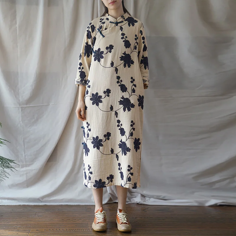 Johnature женское винтажное платье Cheongsam с вышивкой и стоячим воротником весеннее Новое Оригинальное женское хлопковое китайское платье с пуговицами
