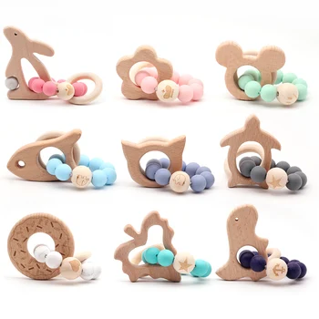 

Cartoon Wooden Teether Natural Animal Shaped Silicone Beads Baby Teething Nursing Beech Teether DIY Bracelets baby toys