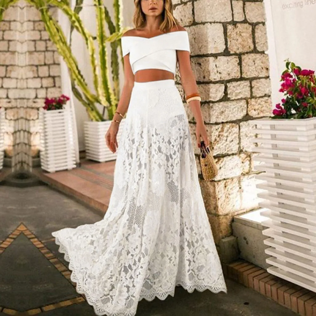 

Women Summer Sexy Perspective Slash Neck Cross Strap Two-piece set White Beach Dress Lace Patchwork Long Evening Party Dress