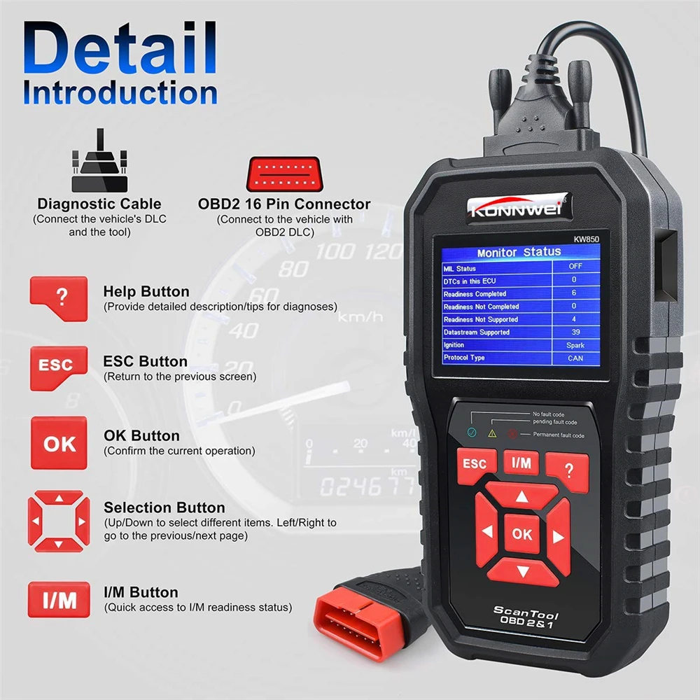 KONNWEI KW850 OBD2 автоматический диагностический сканер ODB2 проверочный двигатель автомобильный считыватель кодов черный Универсальный OBD Автомо... KONNWEI KW850 OBD2 автоматический диагностический сканер ODB2 проверочный двигатель автомобильный считыватель кодов черный Универсальный OBD Автомо...