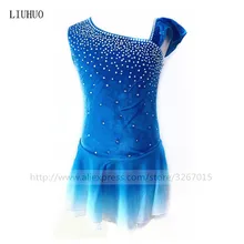 Платье для фигурного катания для женщин и девочек, платье для катания на коньках, Голубое озеро, градиентная эластичная сетчатая юбка, искусственное украшение