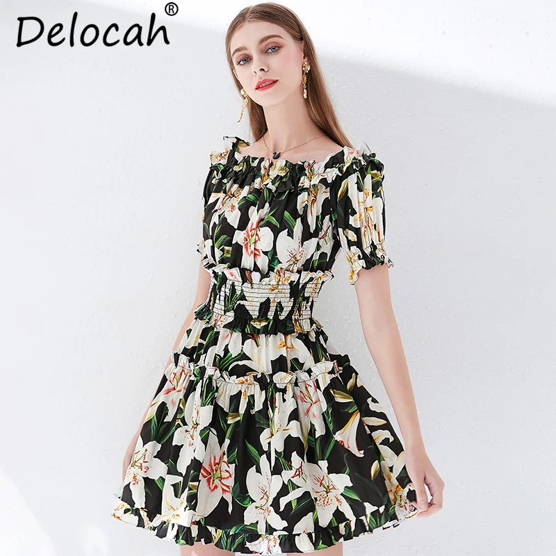Delocah Summer Women Dress Runway Fashion Designer Lantern Sleeve Backless Floral Print Elastic Waist Elegant Casual Mini Dress