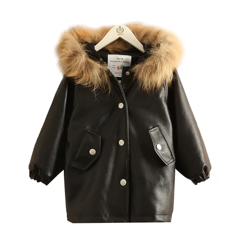 

2018 Winter Warm Fashion 3-8 10 12 Years Teenage Faux Leather Fur Plus Velet Thickening Kids Baby Girls Hooded Long Outdoor Coat