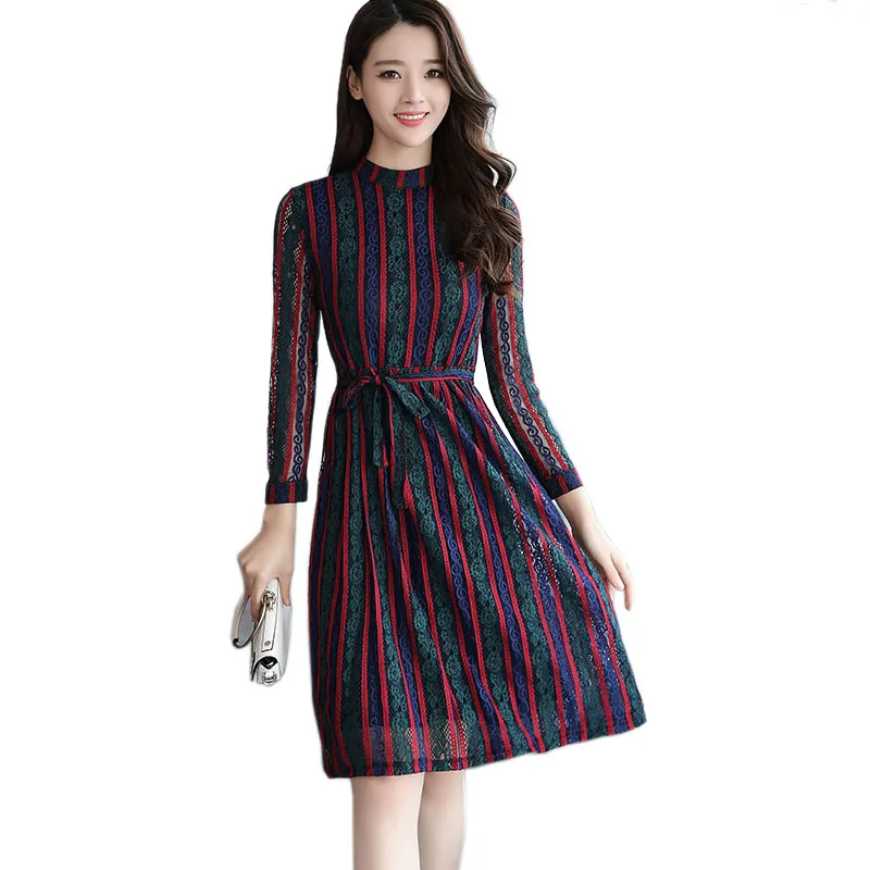 Fashion Spring Lace Dress Women 2018 New Long Sleeve Up Hollow Out Dresses Ladies Hit Color Fall Party Vestido YF081 | Женская одежда