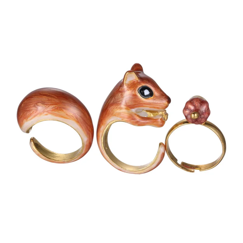 

3 Pcs/Set Retro Animal Handmade Ring Squirrel Imitation Gold Alloy Rings Set Open Cuff Rings for Women Man Accessories