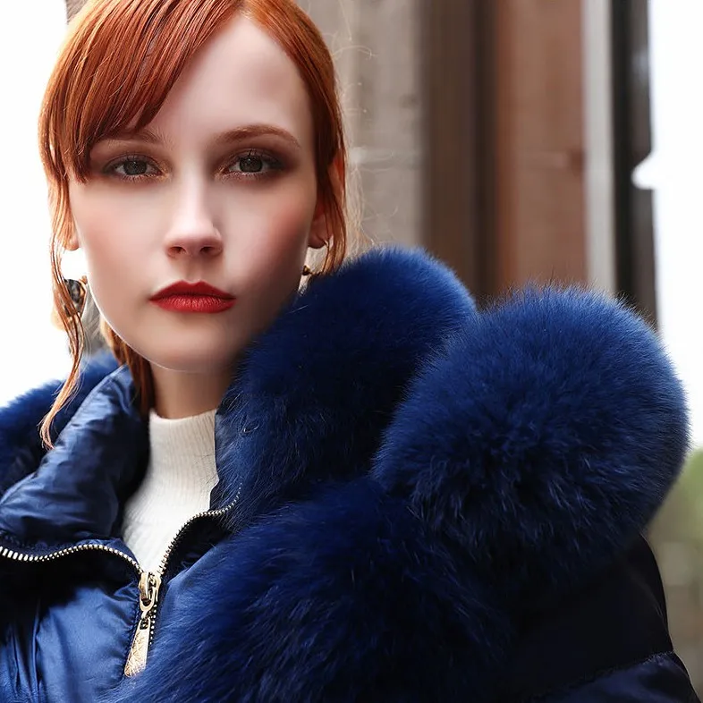 Luxe Épais Fourrure À Long Col Nouveau Mode Fox Automne Slim Chaud Capuchon Réel Veste De Down bleu Femmes Hiver Noir Style Ceinture Avec 2018 Italie q8OaWUd7Pa