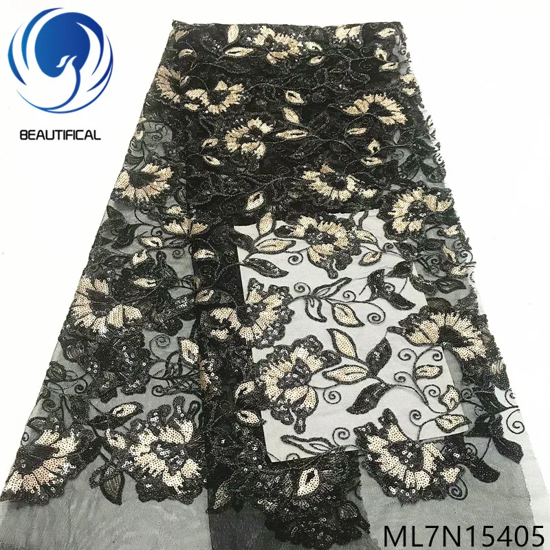 

Beautifical african lace fabrics Hot sale embroidered net lace fabric for wedding black nigerian lace sequins fabric ML7N154