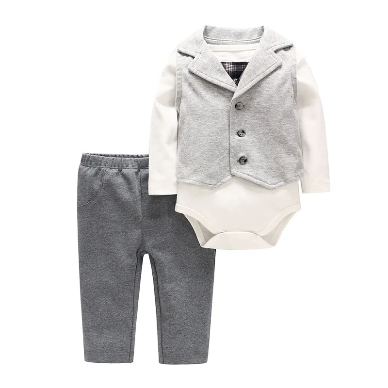 

Vlinder Baby Boy clothes baby Button Coat Jentleman style Long Sleeves Bodysuit Striped Trousers Waistcost 3ps Cotton Infant Set