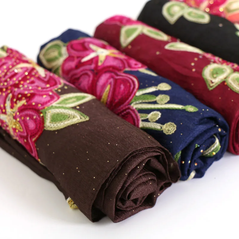 

Wholesale Floral Embroidered Scarves Glitter Silk feel Wrap Muslim Hijabs Gold Rhinestones Islamic Voile Long Shawl 10pcs/lot