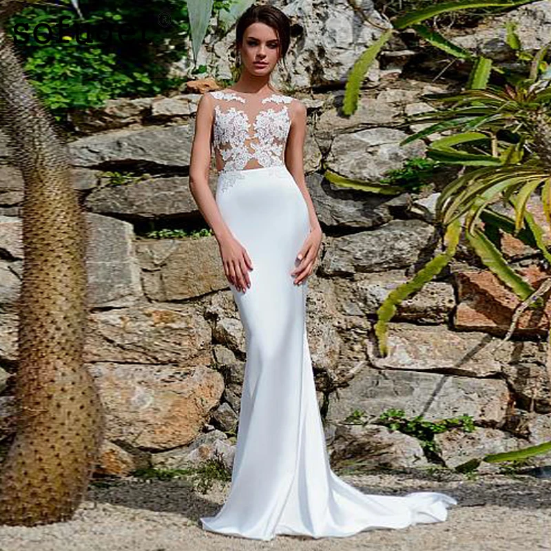 

White Satin Bateau Neckline See-through Bodice Mermaid Wedding Dress With Lace Appliques Sexy Illusion Bridal Gowns