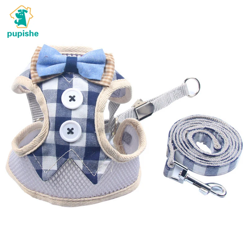 

PUPISHE Pet Harness and Leash Set Cat Harness Dog Harness Leash Set for Small Dogs Cute Bow Tie Plaid Breathable Mesh Vest Lead