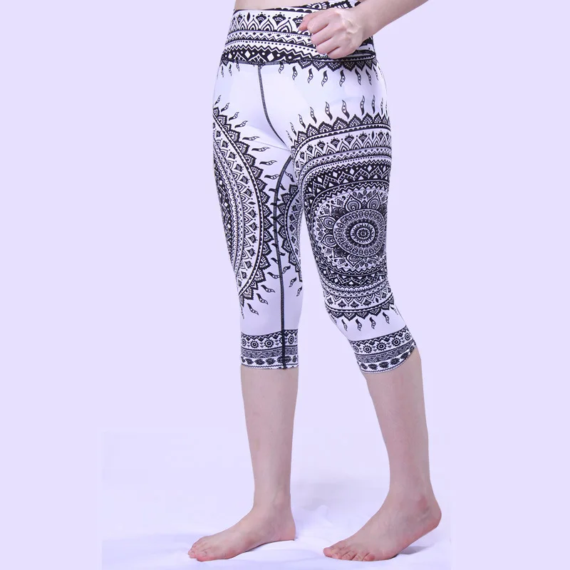 Women's Cycling Sports Tights Floral Mid Calf Pants for Running Elastic