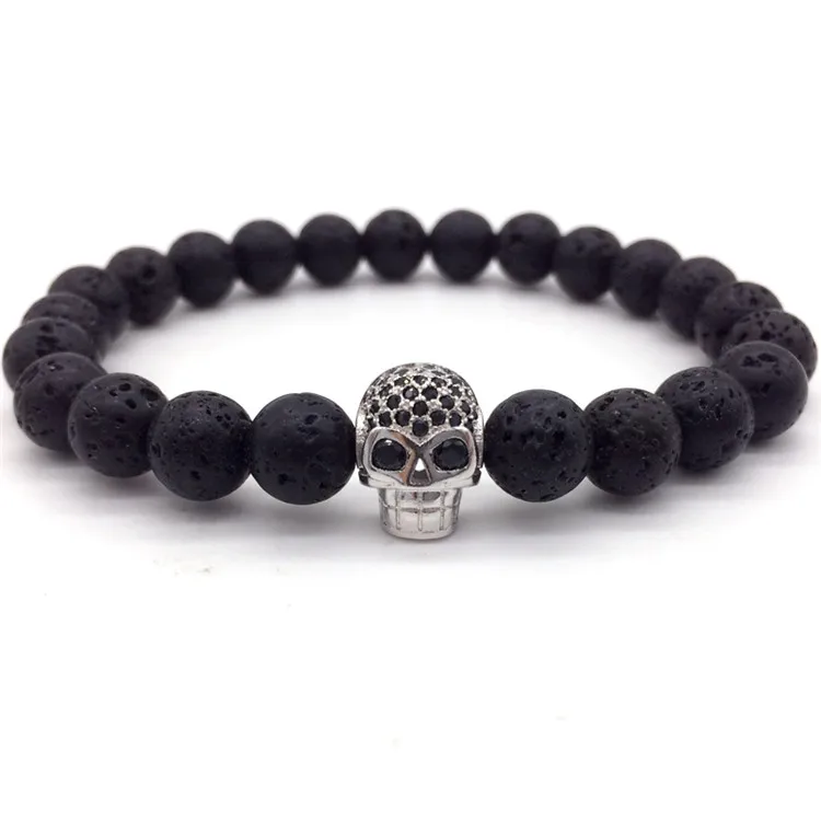 NAIQUBE New Arrival Diy Trendy Skull Charm Bracelets For Men Black CZ Skull Head Men Bracelets Lava Stone Jewelry Gift