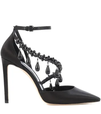

Hot Sale Women Solid Black Pointed Toe Ankle Buckle Strap Pumps Summer Fashion Crystal Decoration High Thin Heel Dress Shoes