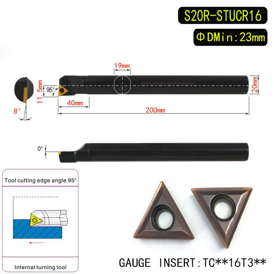 

1PCS S20R-STUCR16 95 Degrees Internal Turning Tool Holder For TCMT16T304 Insert Internal Boring Bar Lathe Machine