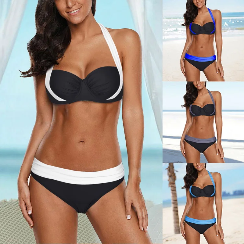 

Mujer 2019 Bikini Set Halter Swimsuit Lower Waist Bathing Suits Swimwear Push Up Tankini Set Plus Size Swimwear 4XL For Women