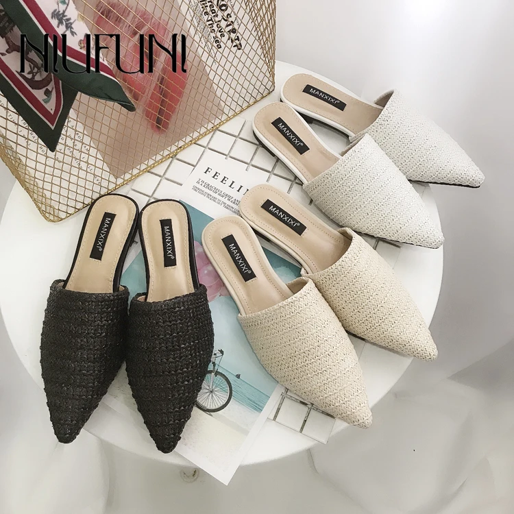 

NIUFUNI Summer Rattan Slippers Mixed Colors Casual Indoor Floor Shoes Home Slipper Lovers Women Pointed Toe Fashion Flat Shoes