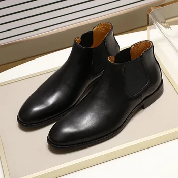 

2019 Classy Genuine Leather Chelsea Boots Men Fashion Slip-On Plain Toe Black Ankle Boot Men's High Top Dress Shoes Size 39-46