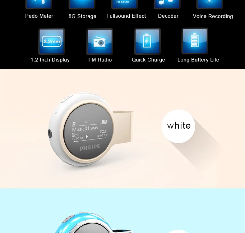 Philips цифровой Bluetooth MP3 плеер для детей USB FM Радио 8 Гб без потерь беспроводной с шагомером металлический зажим