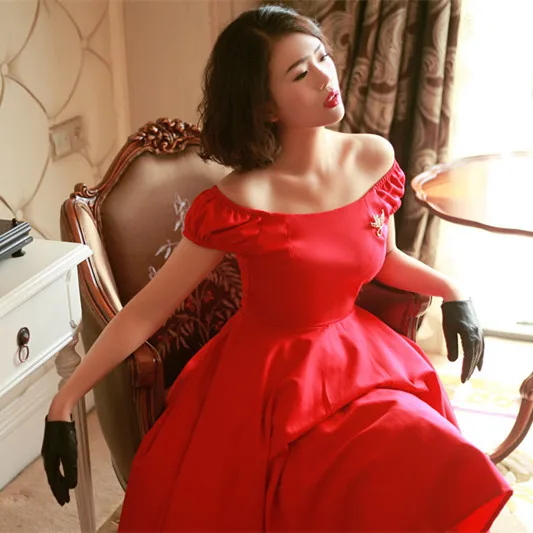 

40- summer women 50s vintage Audrey Hepburn elegant boat neck swing dress in red plus size dresses rockabilly pinup vestido robe