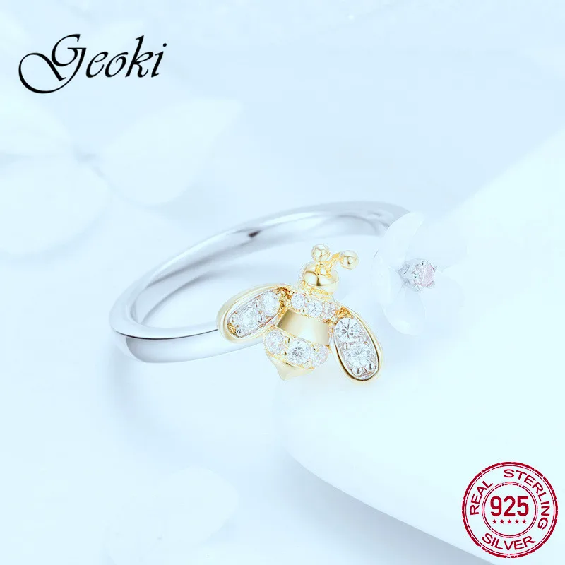 Geoki 925 пробы серебро розовый кубический циркониевый в форме розы сердце кольцо милые медоносных пчел и Cat кольца с лапой оптовые ювелирные изделия
