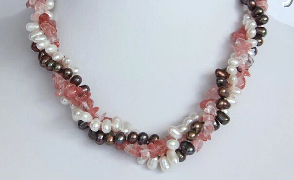 

huij 0033216 3strands baroque white coffee freshwater pearl pink crystal necklace