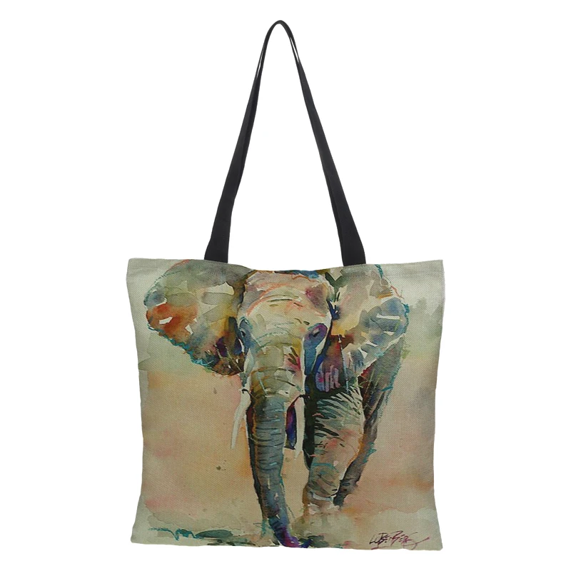 

CROWDALE Double-sided printing Elephants Printed Linen Women Large Shopping Bag Tote Sholder Bag for Ladies Linen Handbag Bag