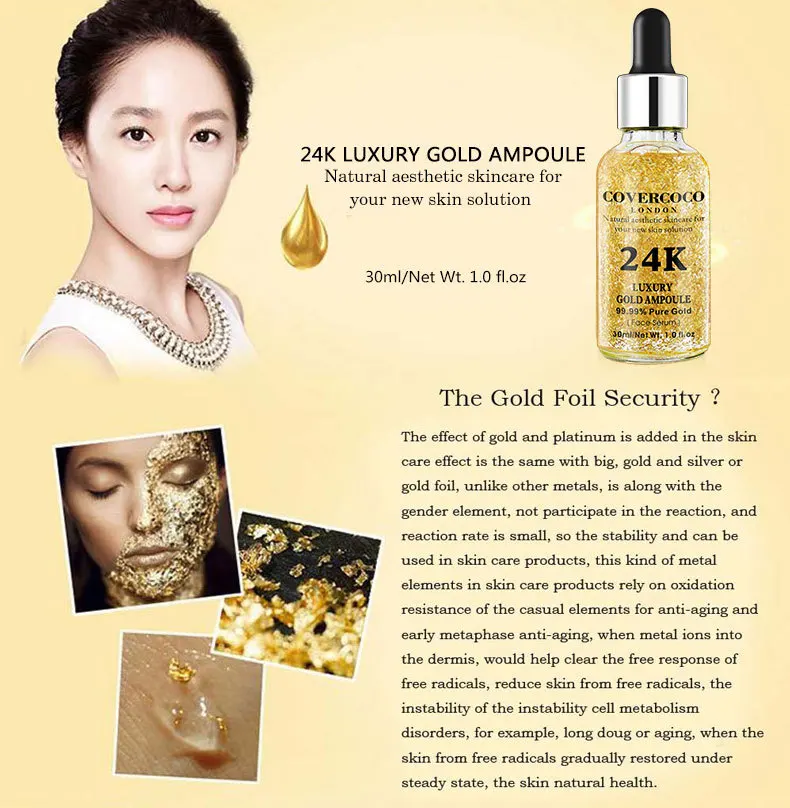 Luxury 24k Pure Gold 99.99% Serum Ampoule Essence Hyaluronic Acid Whitening Moisturizing Anti- Aging Day Cream Anti-Wrinkle Face Care Treatment For Women