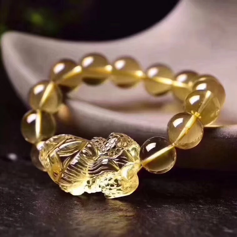 

Genuine Natural Yellow Citrine Quartz Gemstone Crystal Round Beads Women Bracelet 14mm Pi Xiu Pendant 33x20x18mm Stone AAAAA