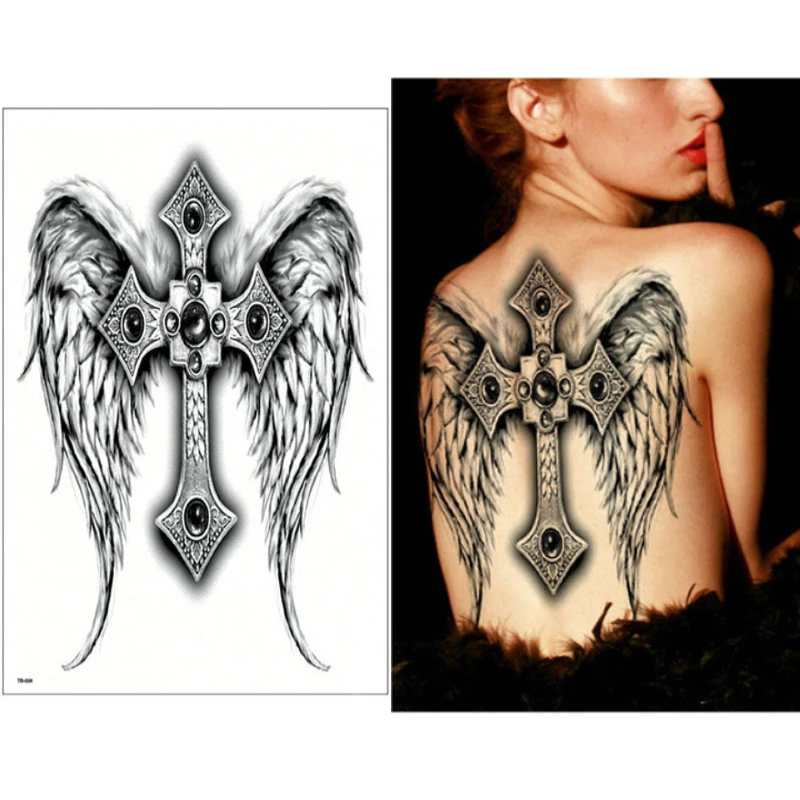 34x48 см, большие задние крылья, крест, драгоценный камень, дракон, водонепроницаемые Временные татуировки, наклейки для больших мужчин и