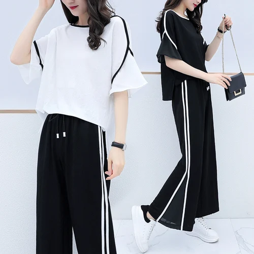 

Fashion Plus Size 2 Pcs Set Korean Casual Striped Patchwork Two Piece Set Flarre Sleeve Open Side Split Women Sets Clothes