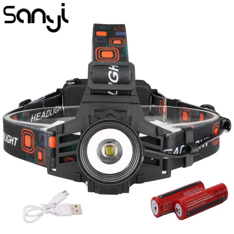 

SANYI 30000 Lumens 3 Modes Headlamp T6 LED Flashlight Headlight by 2* 18650 Batterry Zoom USB Forehead Lamp for Hunting Camping