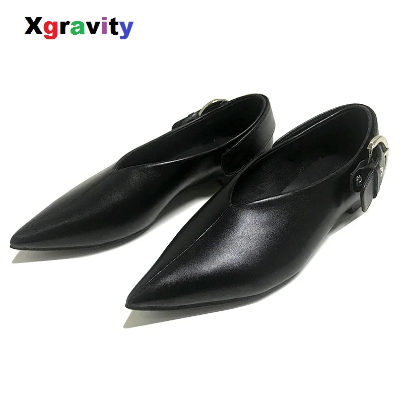 

Xgravity New Sexy Pointed Toe Casual Flats Shoes Elegant Genuine Leather Women Flats V Design Stylish Lady Leisure Shoes C010