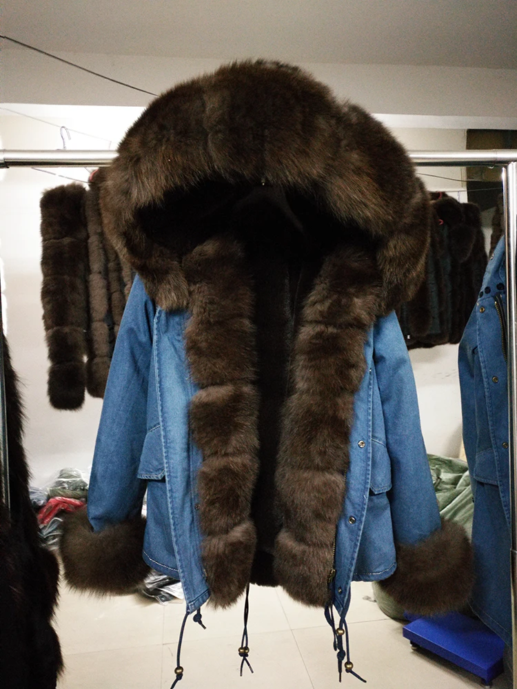 Женская Роскошная куртка с капюшоном и большим лисьим меховым воротником, съемная Толстая парка на меху из искусственного кролика, верхняя одежда, Длинная зимняя куртка