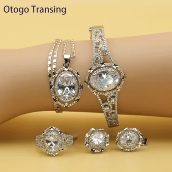 

Otogo Transing 2019 Round White Cubic Zirconia Silver Color Jewelry Sets For Women Earring Pendant Necklace Ring Bracelet SET202