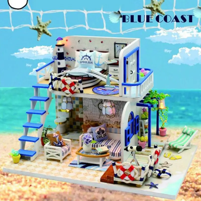 Синий прибрежный пляж вилла модель кукольная миниатюрная мебель DIY Kit с светодиодный свет деревянная игрушка кукольный дом подарок на день рождения ручной работы