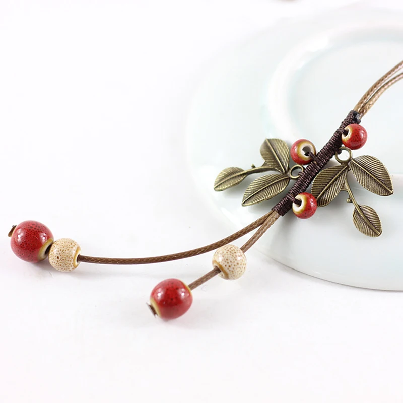 

Miage Vintage Handmade Ceramic Ancient Bronze Beads Leaves Pendant Sweater Necklace Women Ethnic Velvet Rope Jewelry Accessories