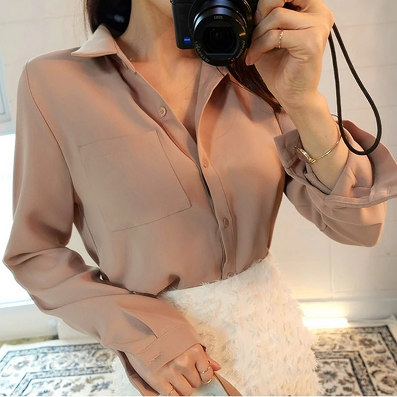 Women Office Chiffon Shirt Long Sleeve Turn-Down Collar Casual Blouse Tops Ladies Solid Single-Breasted White Blusa Feminina