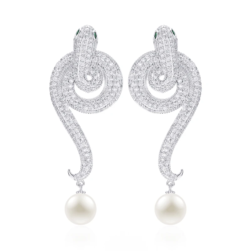 

XIUMEIYIZU 63mm Top Quality Fashion Snake Drop Earrings Exquisite Micro Pave Zircon with Shell Pearl Gold /Silver Color Earrings