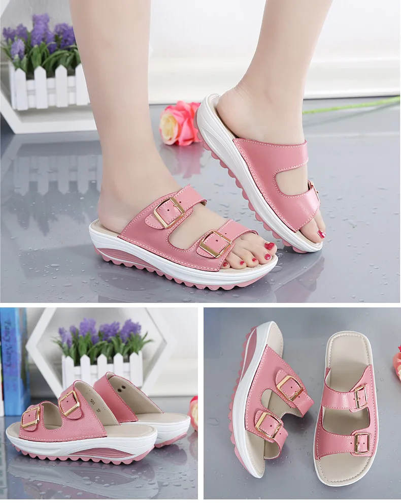 women slippers buckle real leather slides shoes solid thick sole heels beach sandals women outside flip flops summer (9)