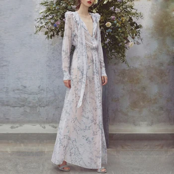 

New Dresses With Spring Printing Temperament at Knee Spring Small Fresh V Collar Showing Slender Button Flower Dresses