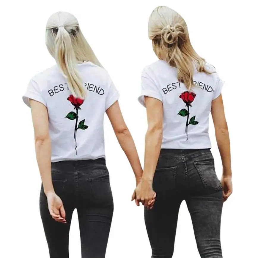 

2019 Fashion Best Friends Rose Printed Female T Shirts Cute Kawaii Tops Funny Casual Short Sleeve Paired T-shirts Women Clothing