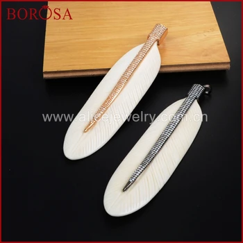 

BOROSA 2PCS Micro Pave Gold/Black Color Long Leaf White OX Bone Pendant Jewelry for Necklace High Quality Fashion Jewelry WX333