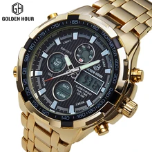 En Acier plein Or Placage Montres Hommes Militaire Sport Double Affichage Montres Led Numérique 24 Heures Horloge Hommes Relogio Masculino