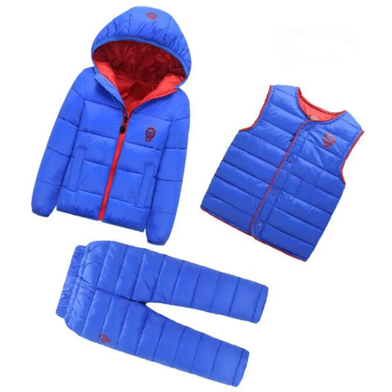 6 цветов, зима, комплекты одежды для маленьких мальчиков и девочек, детское пуховое пальто с хлопковой подкладкой+ жилет+ штаны, Детские теплые уличные костюмы из 3 шт - Цвет: blue
