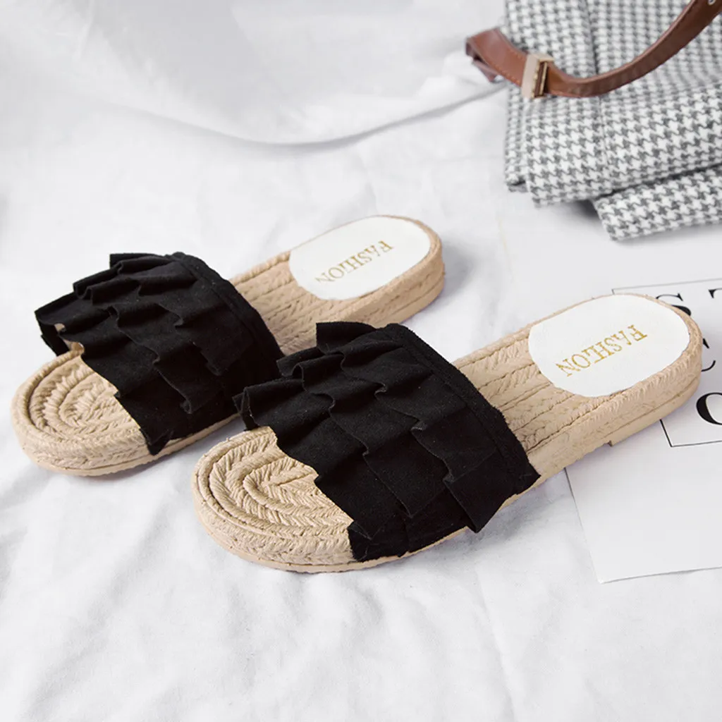 

Women Elegant Beading dress slippers Summer new Ladies Fashion Bohemian Style Casual flouncing Slipper Flat cane Shoes Sandals