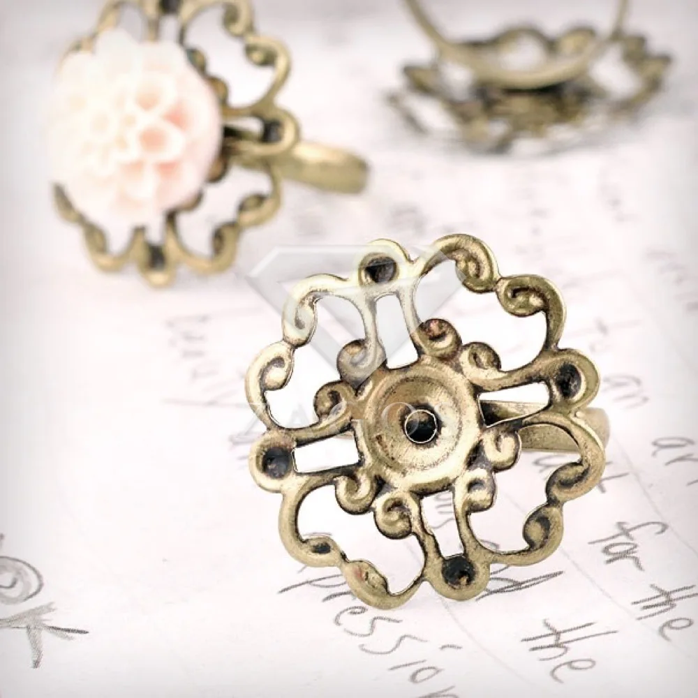 5Pcs Brass Antique Brass 23x23x20mm Flower Cabochon Setting Ring