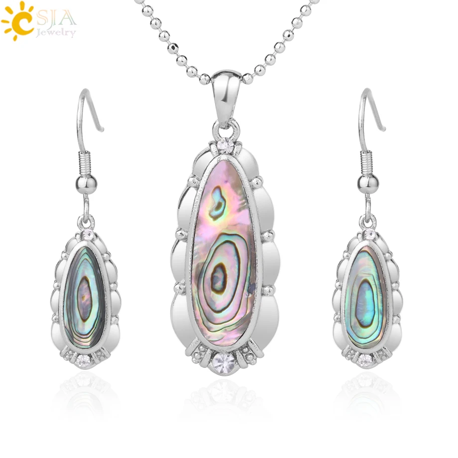 

CSJA Natural Abalone Shell Jewelry Set Egg Shaped Colorful Paua Shells Pendant Dangle Earrings Zircon Women Beach Jewellery F943