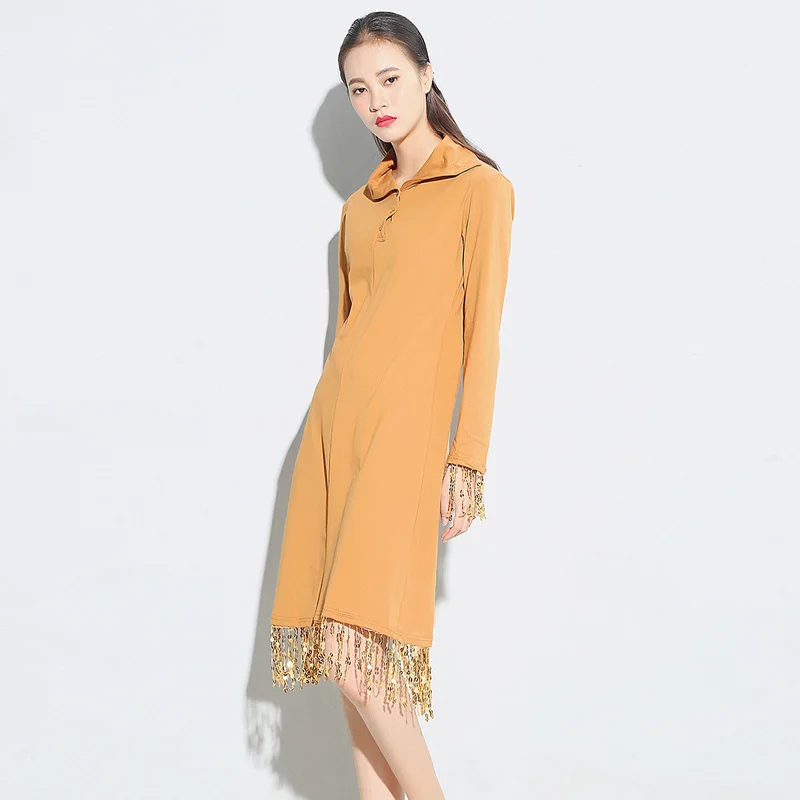 TANGNEST Women Dress 2017 Мода Весна Платья Тонкий Блестками Длиной До Колен Полный Рукав
