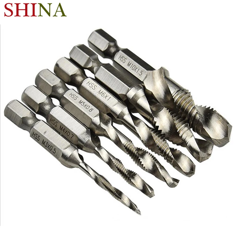 6pcs Drill Taps Set Combination Drill Hex HSS Screw Thread Inch Plug